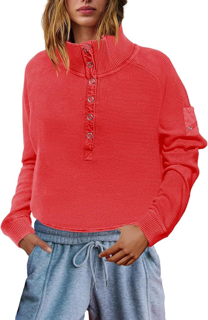 SENSERISE Womens Oversized Cropped Sweatshirts Turtleneck Long Sleeve Button Up Henley Tops Worko... | Amazon (US)