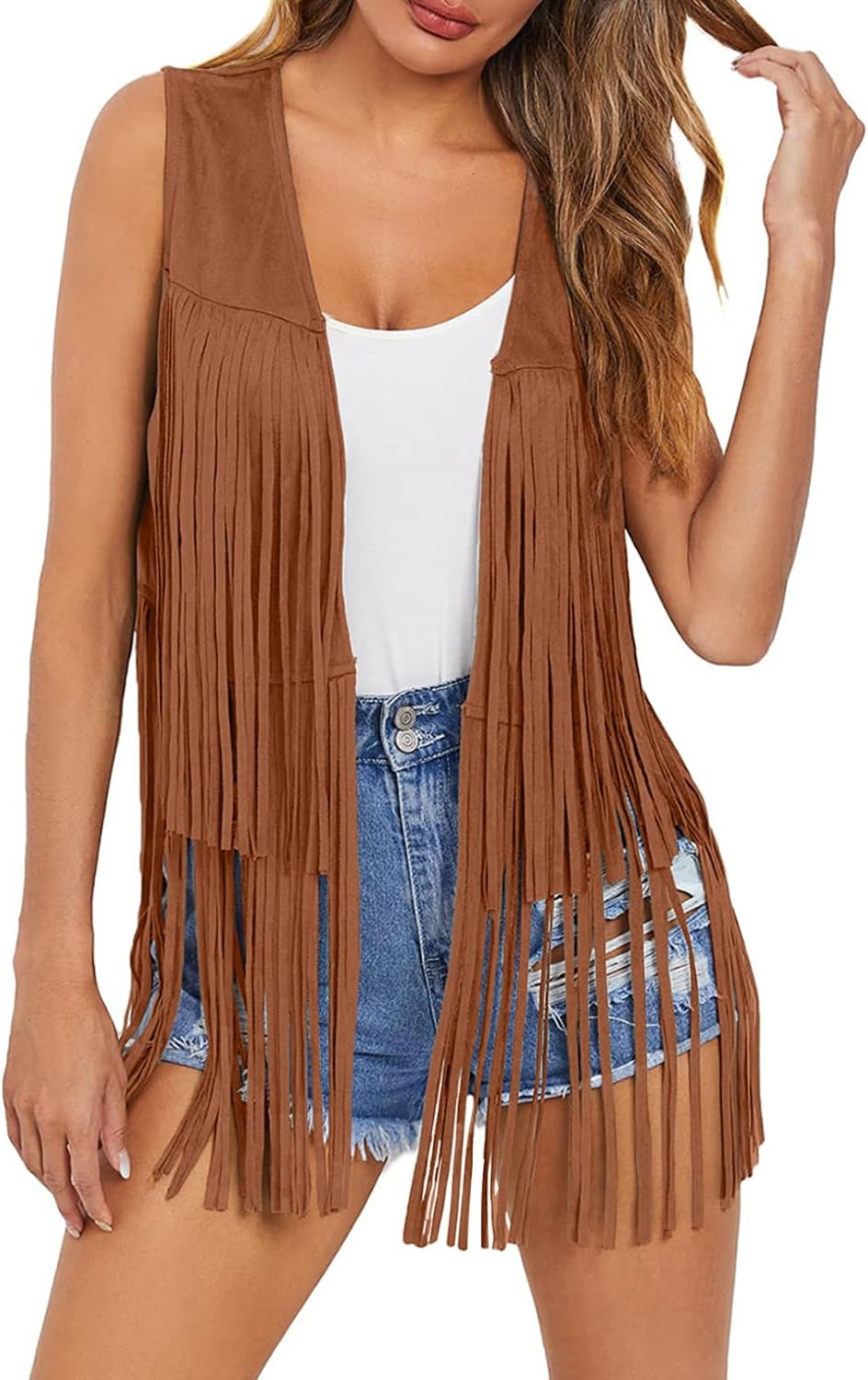 Dokotoo Womens Fringe Vest 70s Hippie Costume Sleeveless Cowgirl Western Outfits Faux Suede Tassel Leather Outerwear | Amazon (US)