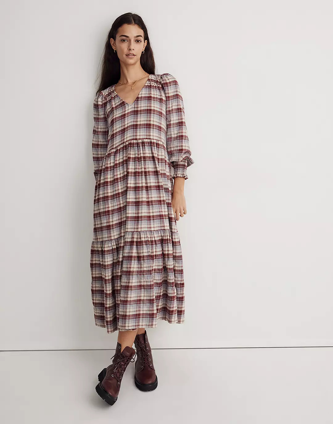 V-Neck Tiered Midi Dress in Plaid | Madewell
