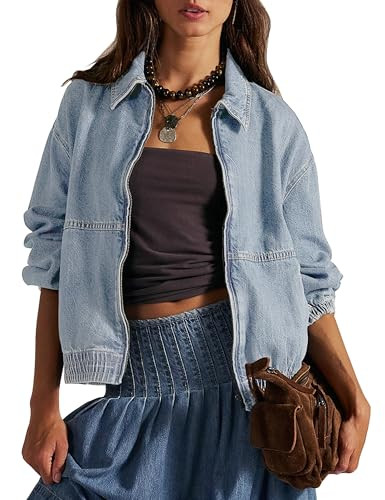 Womens Denim Jackets Long Sleeve Zip Up Elastic Hem Classic Loose Jean Bomber Jacket Outfit | Amazon (US)
