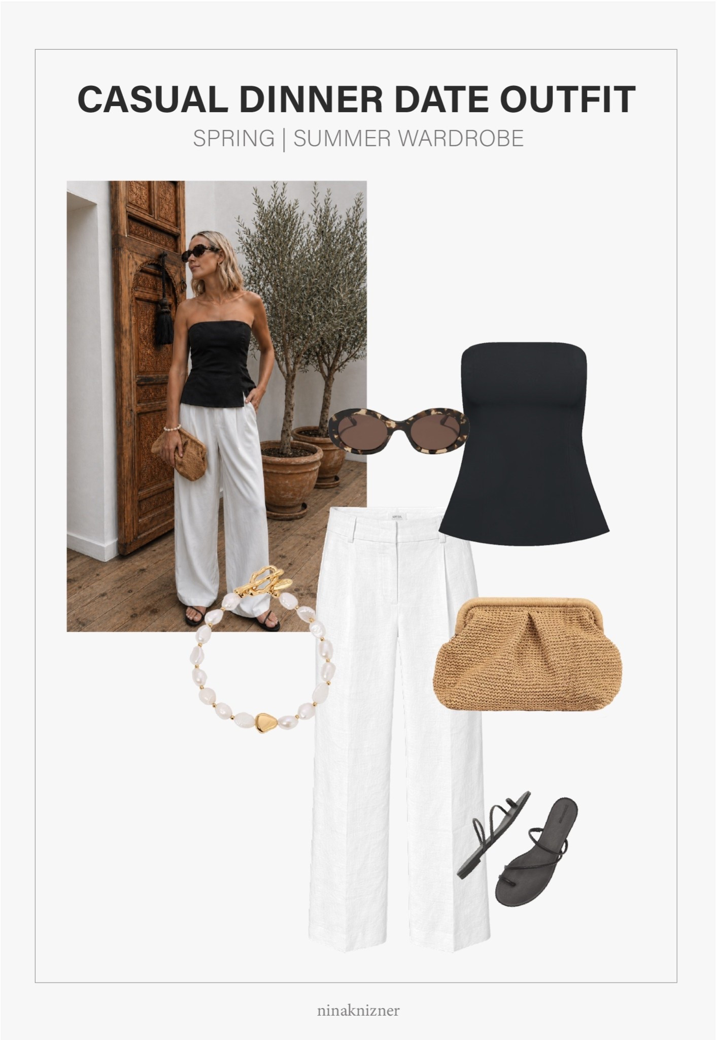 Investing in capsule items for the summer is such a great way to build out your closet. 

White linen pants, either drawstring or trousers (depending on your lifestyle) is a must. I absolutely love tube tops, and usually pair one in a contrasting color to the pant. Over the years, but especially last year, I focused heavily on gathering capsule linen items in white, black, and ecru/undyed colors. 

All items here I own and looove. I have both this Posh tube top in black crepette (feels more elevated and formal), and the Element Linen Tube Top in white soft linen (has more of a casual daytime, romantic vibe).

- DIFF Eyewear - Lainey in  Espresso Tortoise Brown 
- Aritzia - Posh Tube in Black Crepette
- Aritzia - The Effortless  Pant in Cruiselinen White
- Ettika - Freshwater Pearl Bracelet
- Etsy - Straw Summer Pouch Bag in Modern Natural Wicker
- Reformation - Ludo Toe Ring Strappy Flat Sandal in Black Leather


#spring #springoutfits2026 #womenspringoutfits #summer #summeroutfits2026 #womensummeroutfits  #europeansummer #traveloutfits #travel #beach #beachoutfit #dinnerdate #datenightoutfit #accessories #springaccessories #summeraccessories #destinations #coastal #westcoast #coastalcalifornia #vacation #mediterranean #europeansummer #essentials #basics #staples #capsulewardrobe #minimalist #sunglasses #ovalsunglasses #blacktop #tubetop #trousers #linen #linentrousers #linenpants #whitepants #bag #straw #wicker #springbag #summerbag #vacationbag
#black #leathersandals #sandals #flats #slipons #shoes #springshoes #summershoes #travelshoes #strappysandals #jewelry  #gold #ettika #pearl #bracelet 
