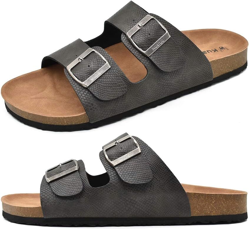 KuaiLu Mens Mens Slides Sandals Arizona Comfort Slip On Cork Footbed Sandals with Two Adjustable Lea | Amazon (US)