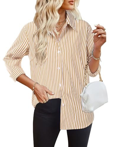 HOTOUCH Striped Button Down Shirt Women Long Sleeve Blouses Classic V Neck Casual Collared Tops Work Shirts Yellow White S | Amazon (US)