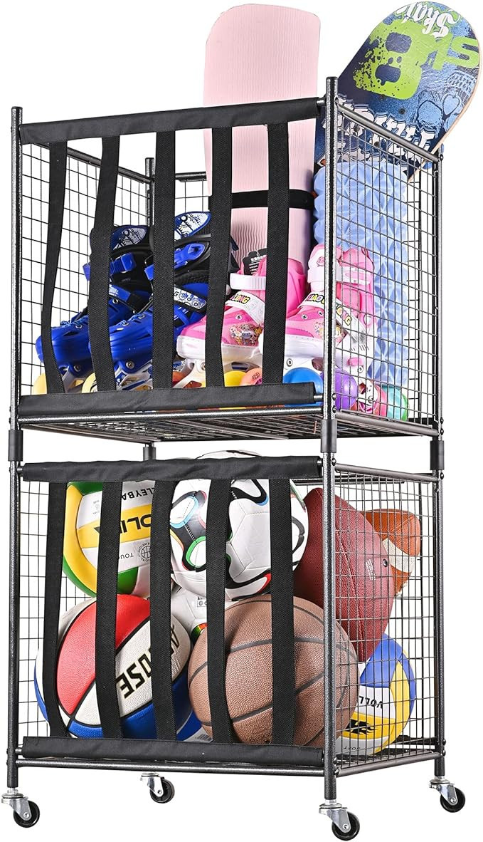 Mythinglogic Rolling Sports Ball Storage Cart, Sports Lockable Ball Storage Locker with Elastic S... | Amazon (US)