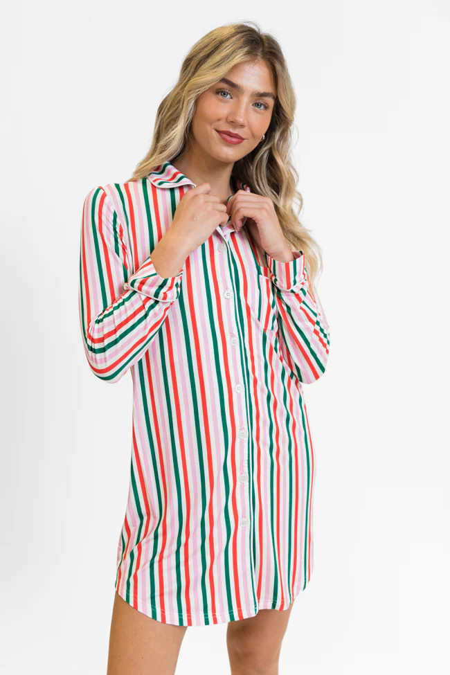 Sleep Tight In Christmas Stripes Pajama Dress | Pink Lily
