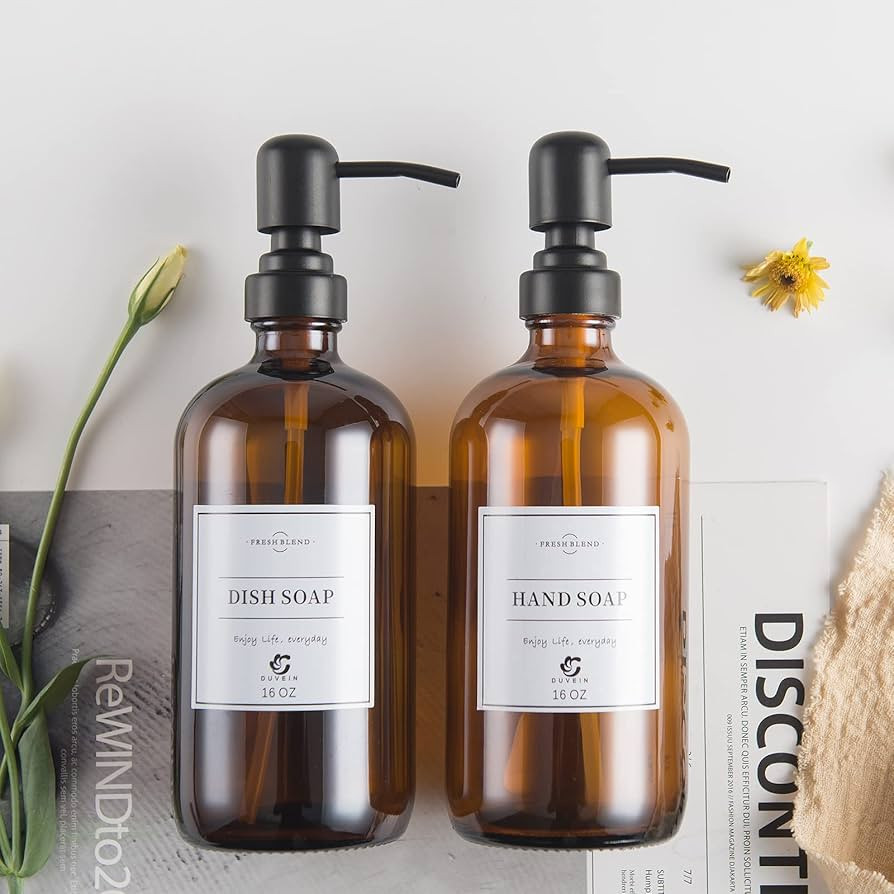 Duvein 2 Pack Amber Glass Soap Dispenser,Rustproof Stainless Steel Pump,16oz Thick Farmhouse Ambe... | Amazon (US)