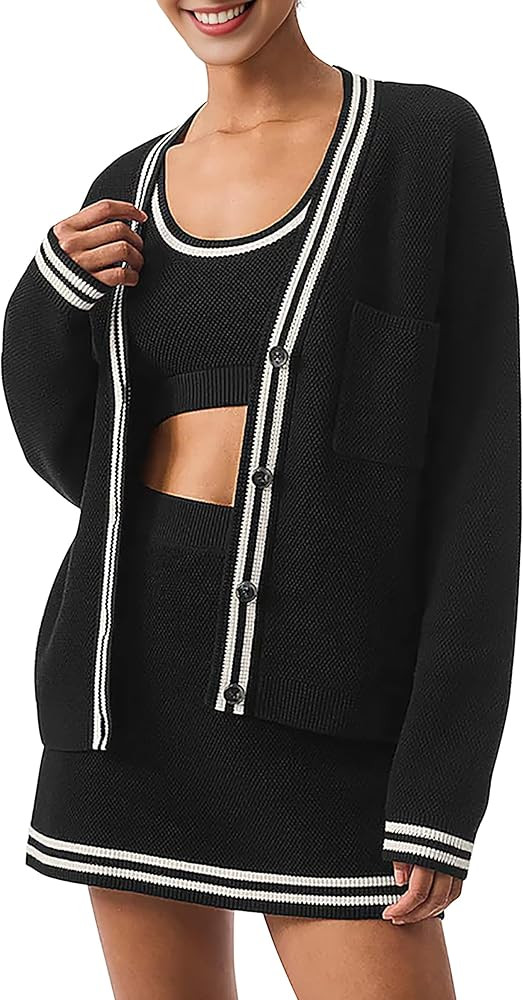 TQD Cardigan Sweaters for Women Lightweight Open Front Button Up Knit Cardigans Tops Striped Trim... | Amazon (US)