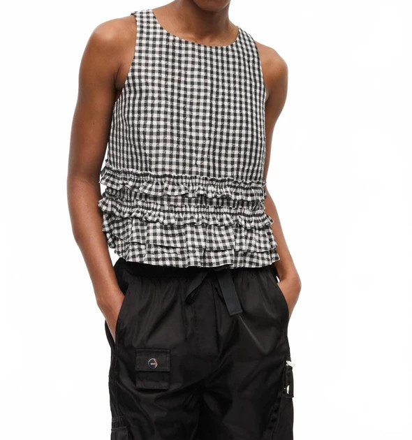 Taffeta Checked Top In Black | Shop Simon