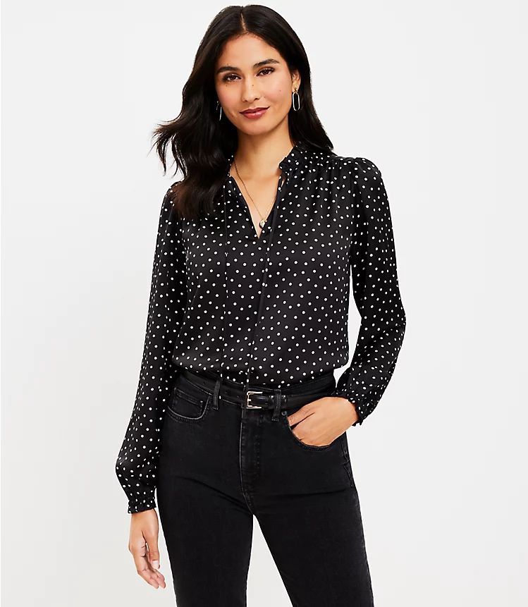 Dotted Ruffle Tie Neck Mixed Media Blouse | Loft | LOFT