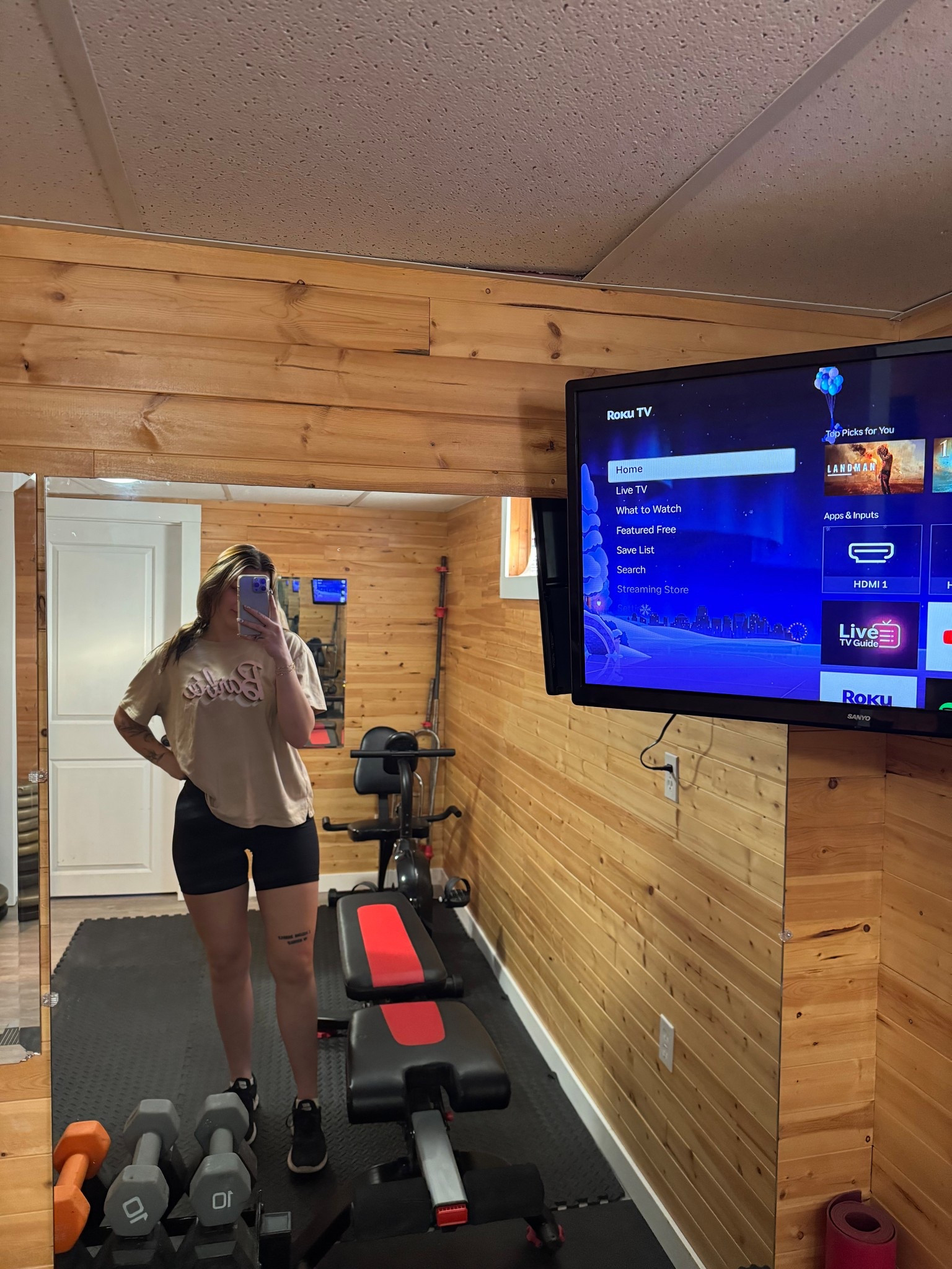 Finally getting to use our gym! 

Installed the TV with an affordable amazon tv mount and now I get to wear my fav shorts to go to my home gym 🤎

#LTKcanada #LTKsale #LTKhome