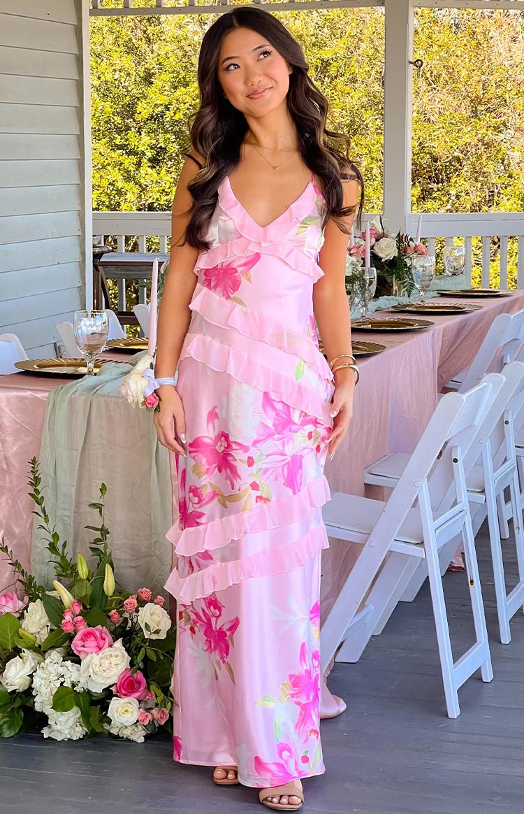 Inara Pink Floral Print Ruffle Maxi Dress | Beginning Boutique (US)