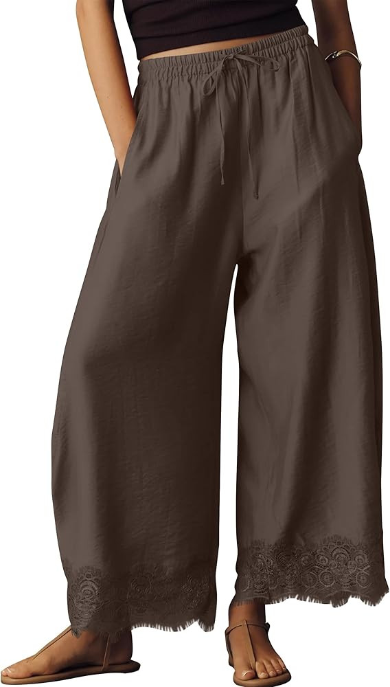 Anoumcy Lace Trim Wide Leg Pants for Women 2026 Spring Summer Cropped Lightweight Casual Pants | Amazon (US)