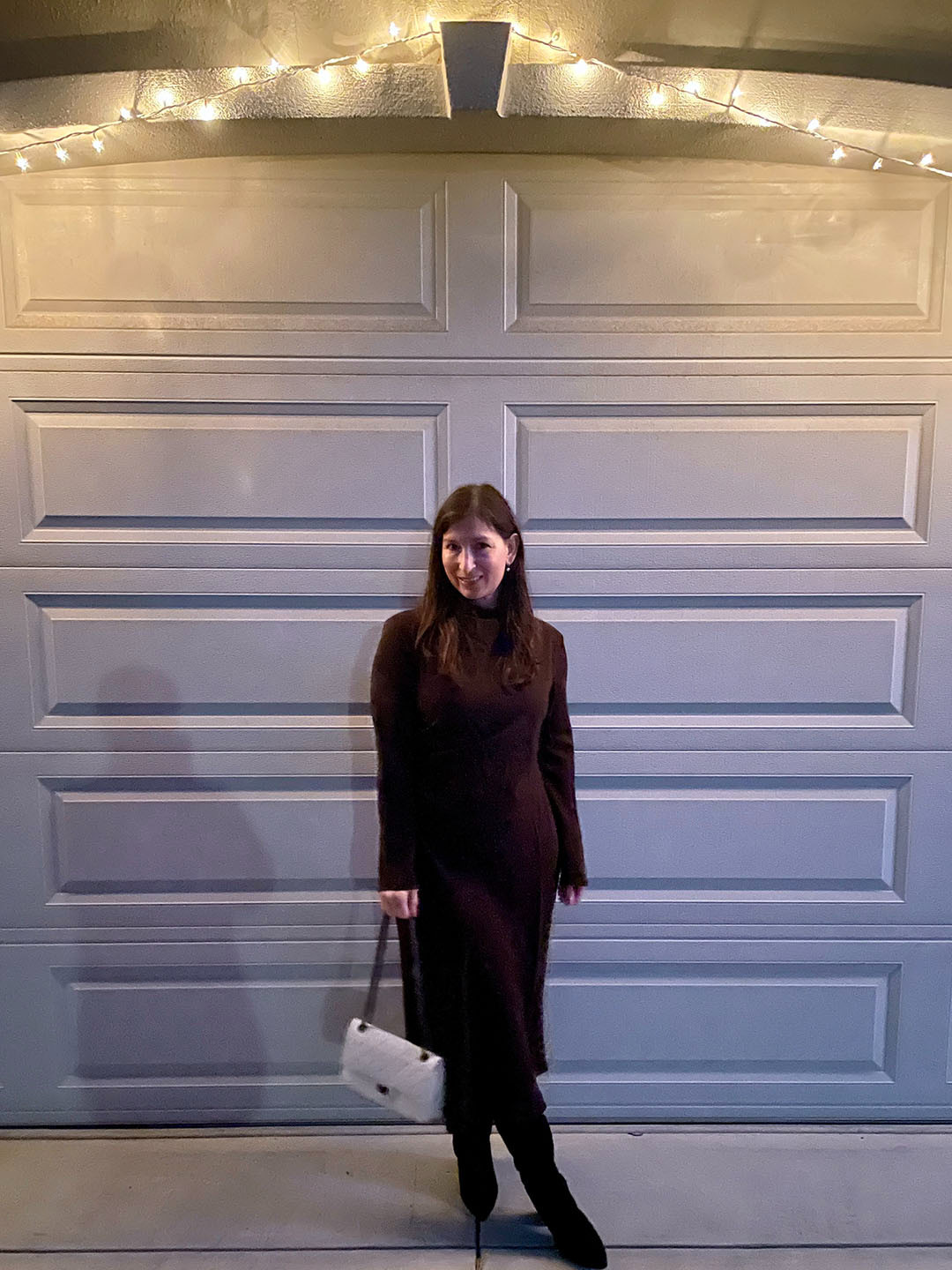 It was a little dark out, but I can assure you my dress is chocolate brown! Love this dress for cold evenings out. Pulled my white handbag out of storage to rock the Cloud Dancer color trend. Love! 

 #LTKootd #LTKSeasonal #LTKOver40