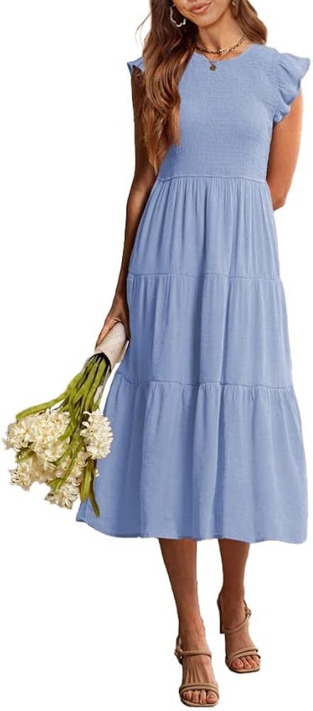 BTFBM Women Casual Short Sleeve Crew Neck Summer Dress Bohemian Floral Printed Flowy Maxi Dresses Ti | Amazon (US)