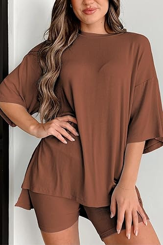 Womens 2 Piece Lounge Set 2025 Summer Travel Outfit Casual Short Sleeve Oversized Tshirts & Biker... | Amazon (US)