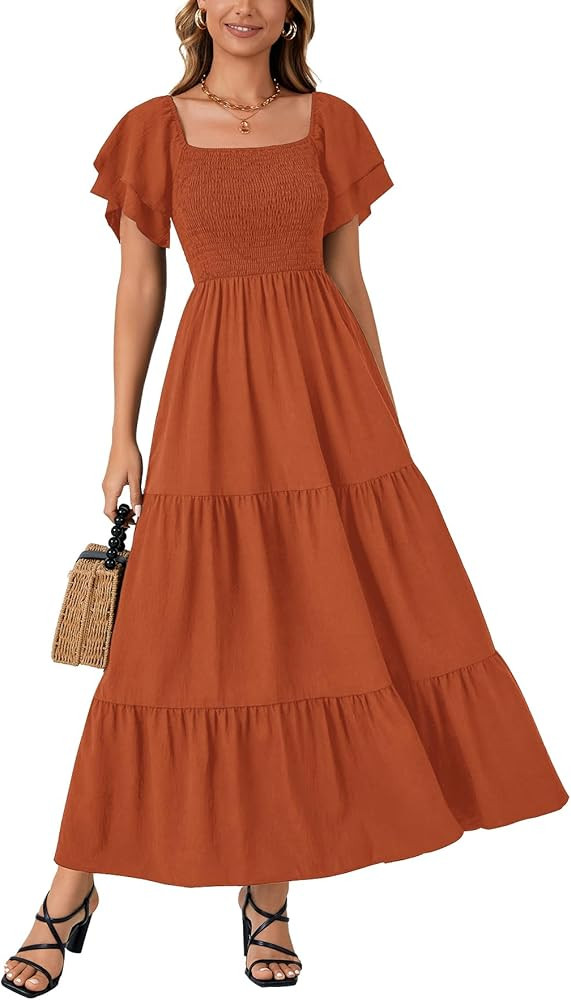 LYANER Women's Casual Summer Midi Dress Ruffle Short Sleeve Square Neck Smocked Tiered Ruffle Dre... | Amazon (US)