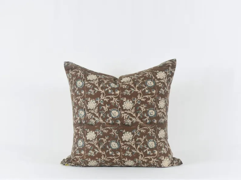 Hand Block Printed Linen Pillow Cover: Brown Floral, Brass Zipper | Etsy (US)