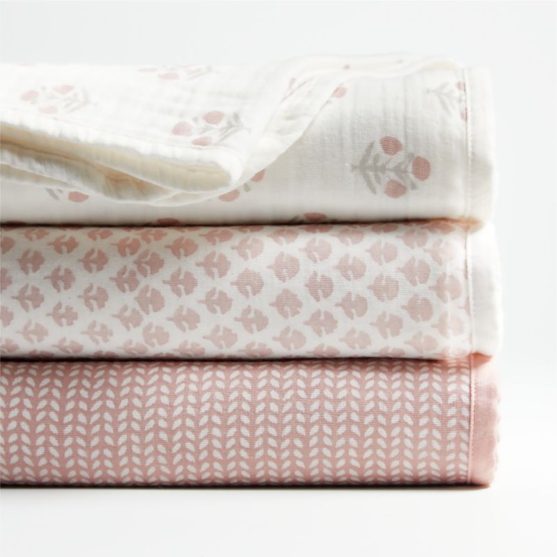 Rayma Organic Pink Baby Swaddle Blankets, Set of 3 by John Robshaw | Crate & Kids | Crate & Barrel