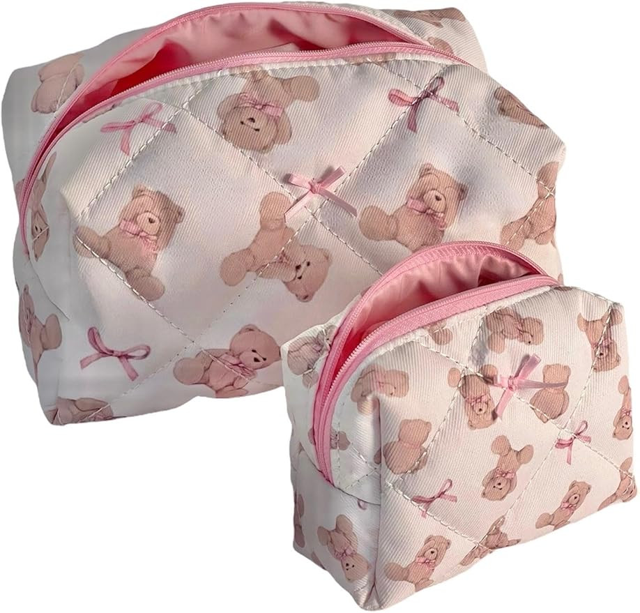 Teddy Bow Makeup Bag Set of 2, Cotton Quilted Bear Makeup Bags with Satin Pink Bows, Cute Girly T... | Amazon (US)