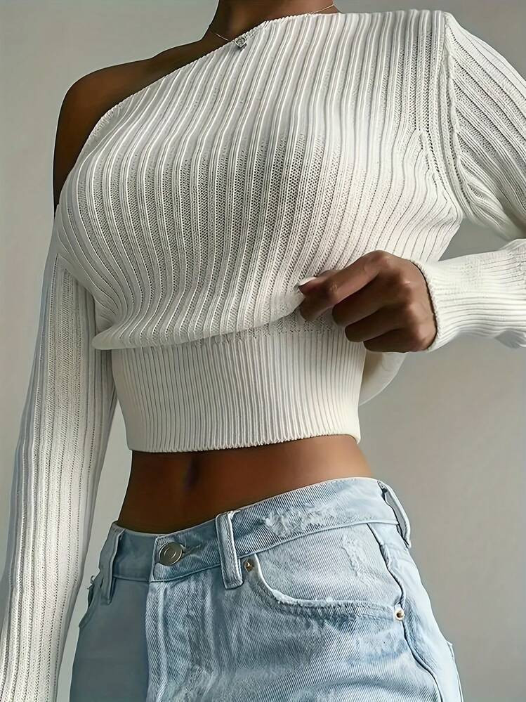 Suéter de punto acanalado liso para mujer, cuello asimétrico, hombros descubiertos cortos, mang... | SHEIN