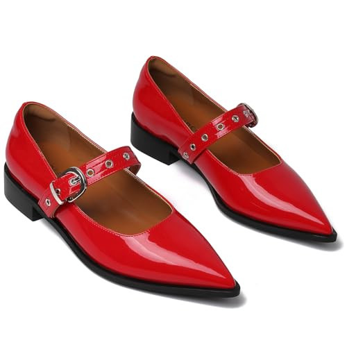 GOUPSKY Red Mary Jane Shoes Women Chunky Low Heels Buckle Strap Pumps Womens Closed Pointed Toe Ballet Flats Causal Daily Dress Shoes Size 6 | Amazon (US)