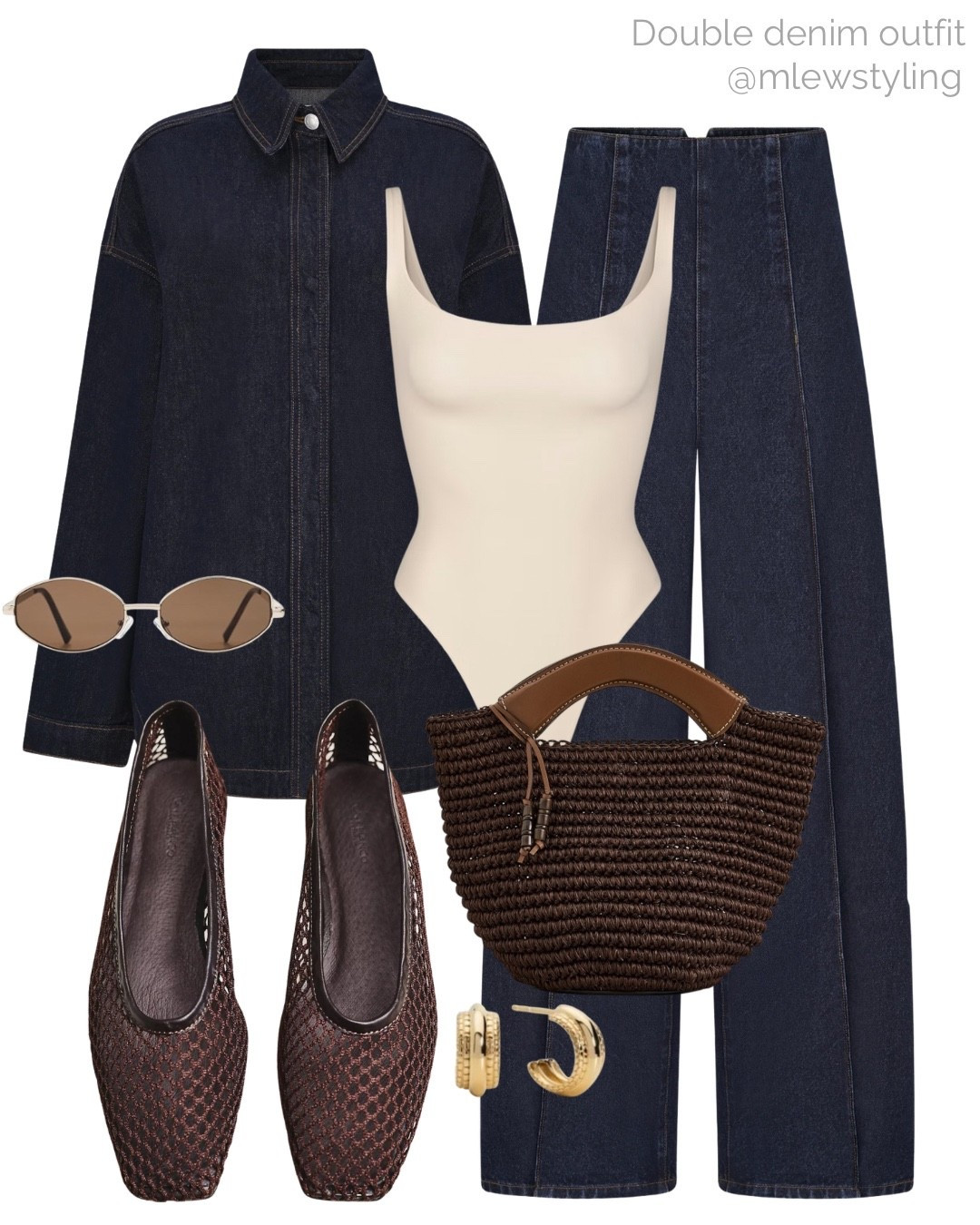 Double denim spring outfit 💙

Tags: Meshki denim shirt, wide leg trousers, skims bodysuit, woven ballet flats, raffia bag, aire sunglasses, gold hoop earrings 