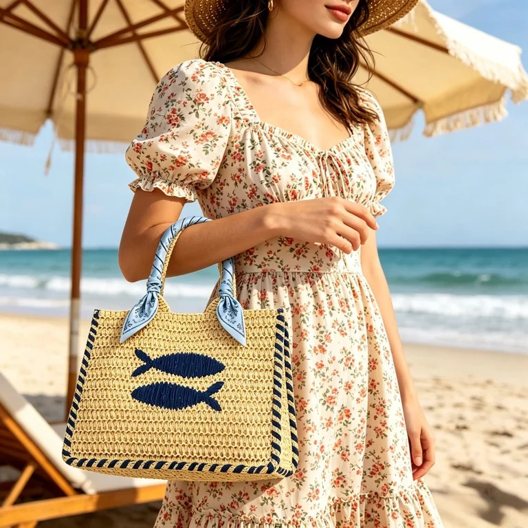 Summercome Straw Beach Bags for Women, Cute Fish Embroidery Design Hand Crochet Boho Raffia Bag f... | Walmart (US)