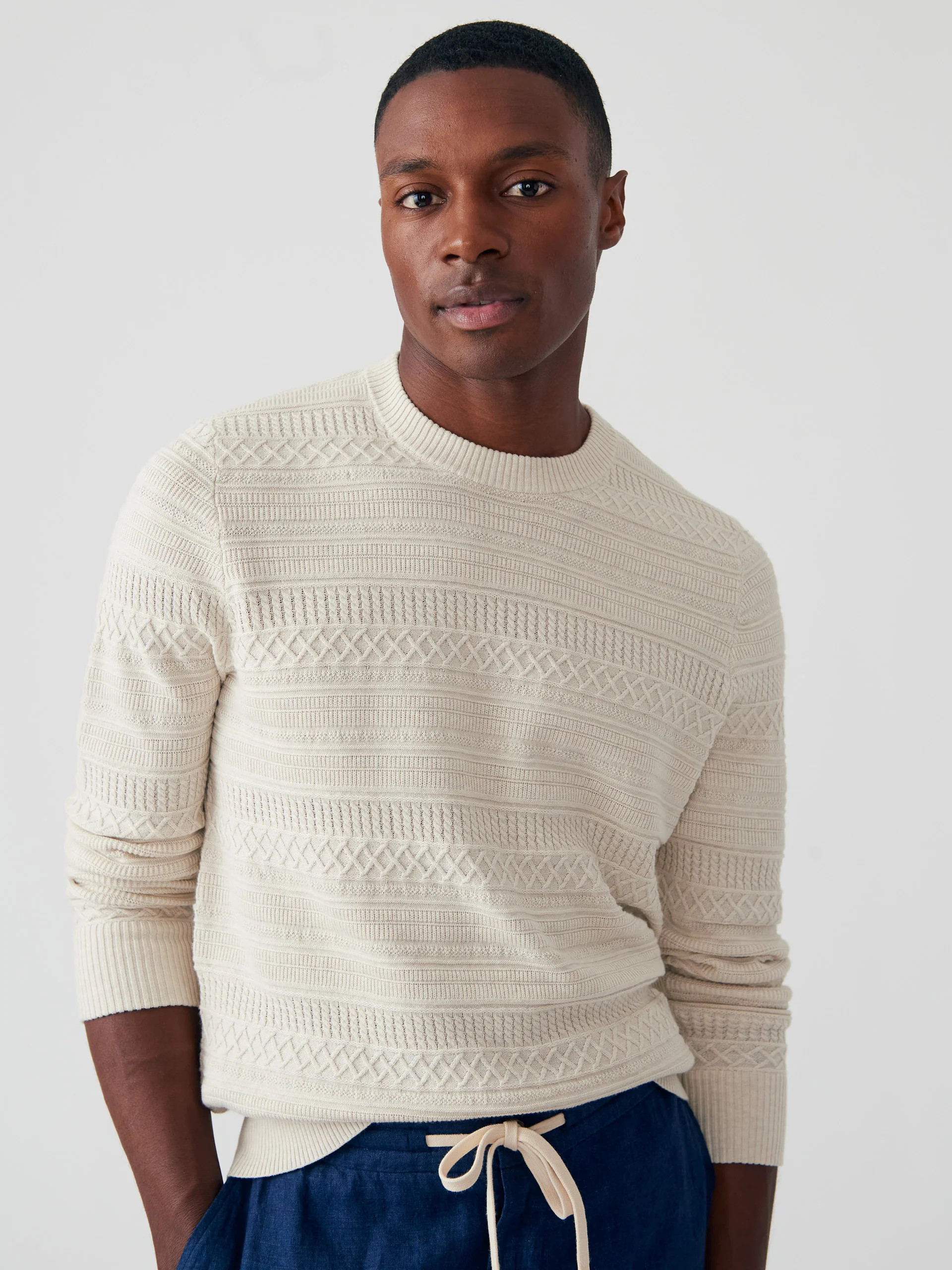 J.McLaughlin Men's Guernsey Sweater Oatmeal, Size Medium | Cotton | J.McLaughlin