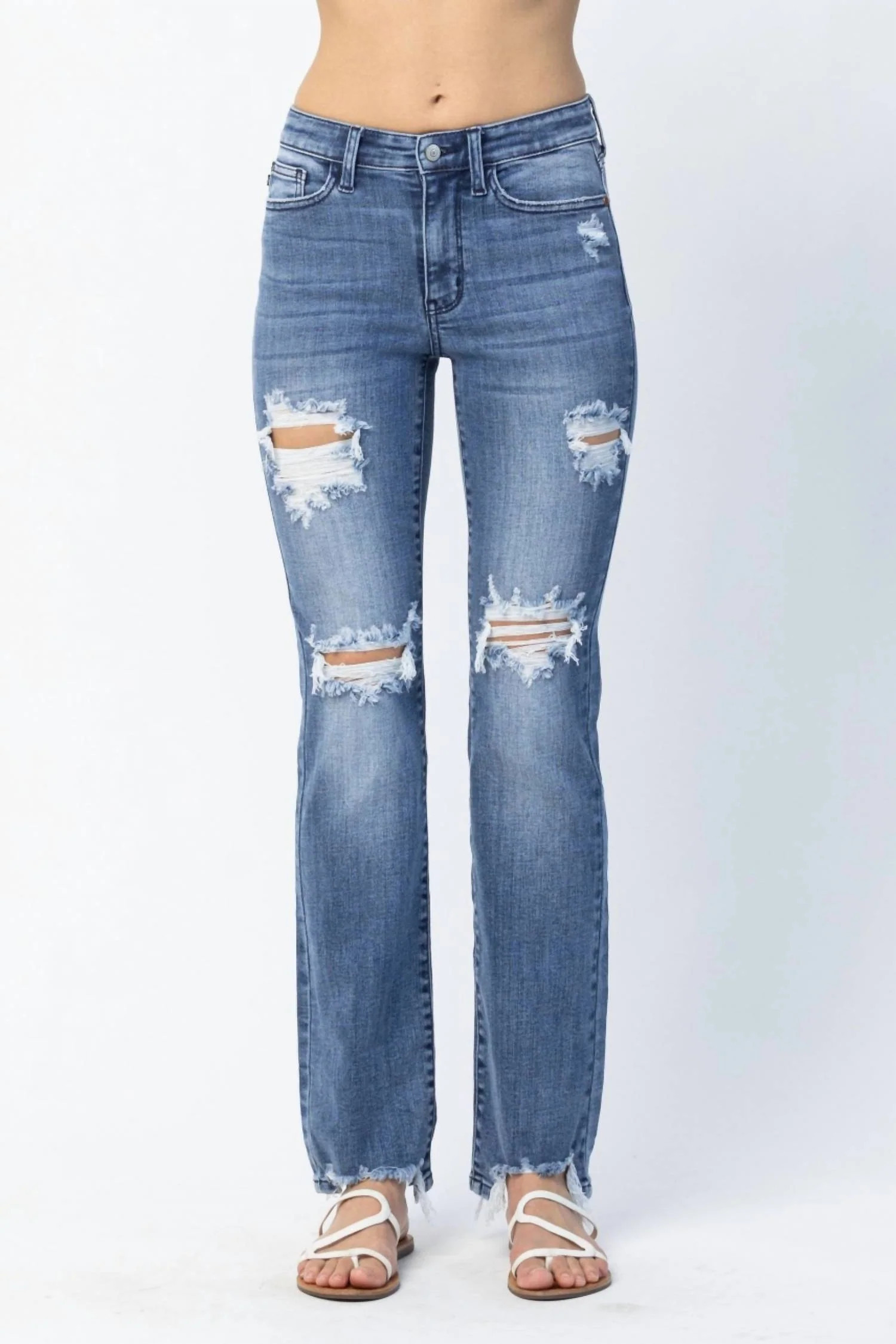 Mid Rise Destroyed Straight Leg Jean In Medium Blue | Shop Simon
