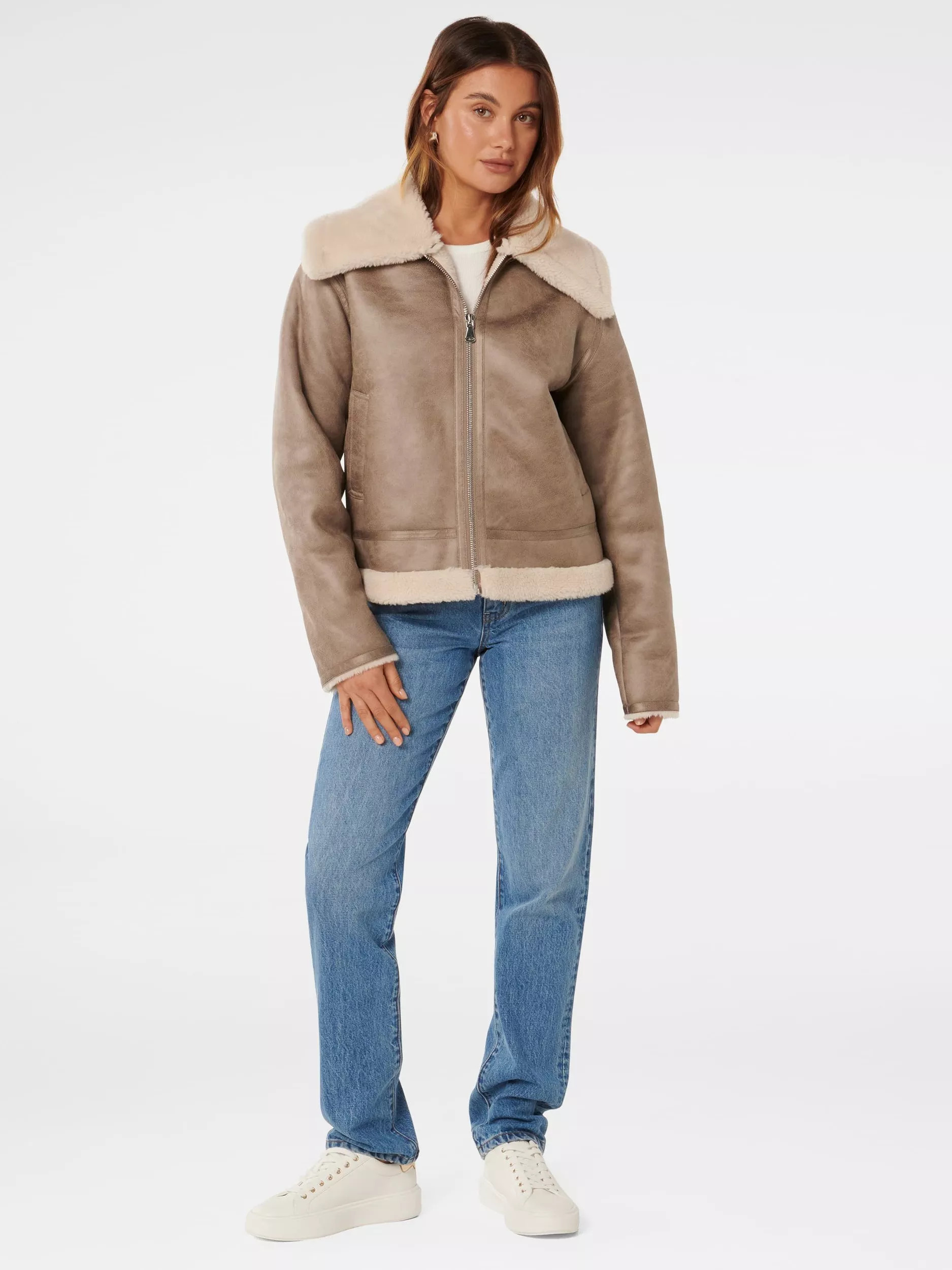 Forever New Jamie Shearling Top Collar Aviator Jacket, Brown/Cream | John Lewis (UK)