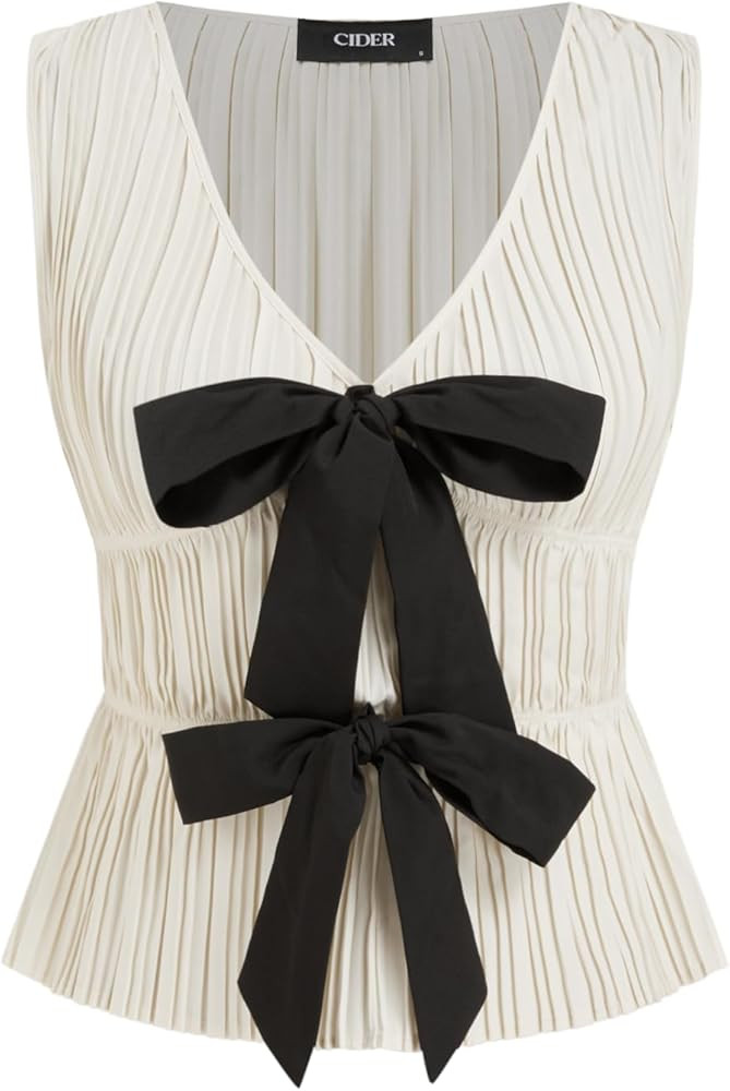 CIDER Bow Tie Front Tops Women Sleeveless Pleated Deep V Neck Tank Tops Going Out Casual Blouse C... | Amazon (US)