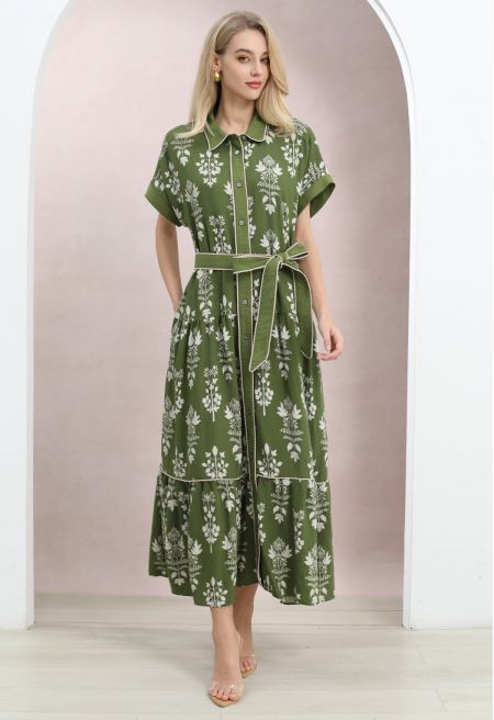 Botanical Print Piping-Trim Belted Shirt Dress for Garden Parties & Brunch Dates | Chicwish