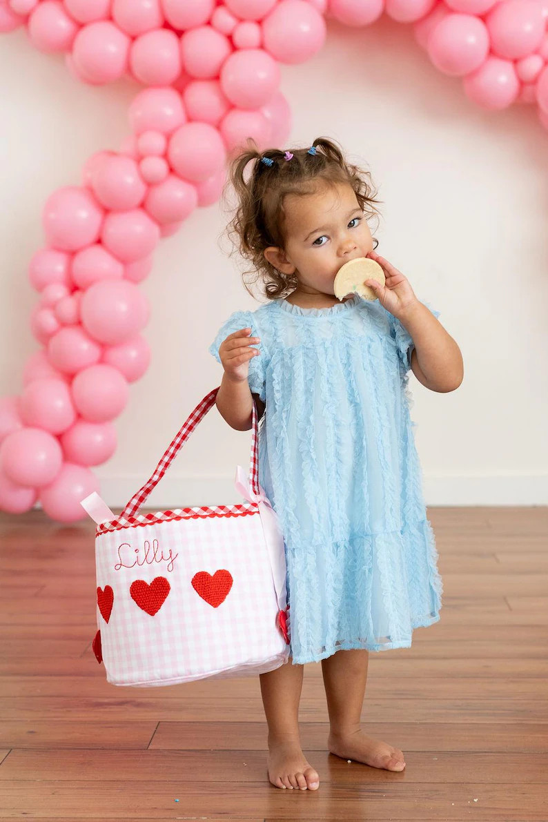 Girls Personalized Valentine's Day Bucket, Pink Gingham Heart Bag, Embroidered Valentine Day Gift... | Etsy (US)