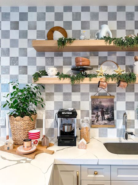 Holiday shelf styling for the kitchen with @thehomedepot .How about a nostalgic popcorn maker and non breakable dishes. 
Love the scalloped baskets- set of two- for plant holders, trash cans, or other storage.  #thehomedepot

#LTKCyberweek #LTKHoliday #LTKsalealert