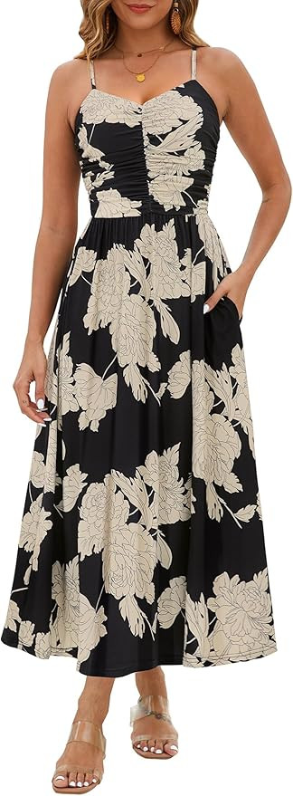 Annebouti Women 2026 Summer Spring Ruched Maxi Dress Adjustable Spaghetti Strap Floral Beach Long... | Amazon (US)