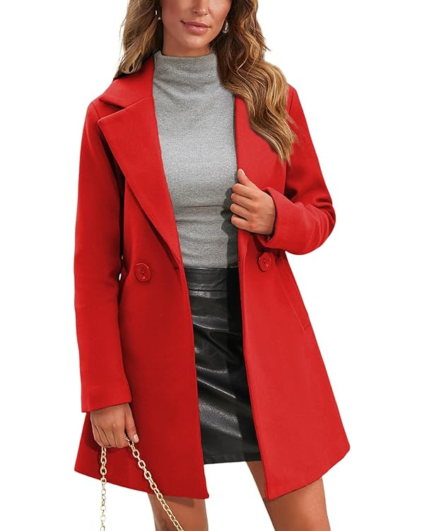Springrain Women's Wool Pea Coat Notched Collar Double Breasted Midi Long Trench Coat Outwear | Amazon (US)