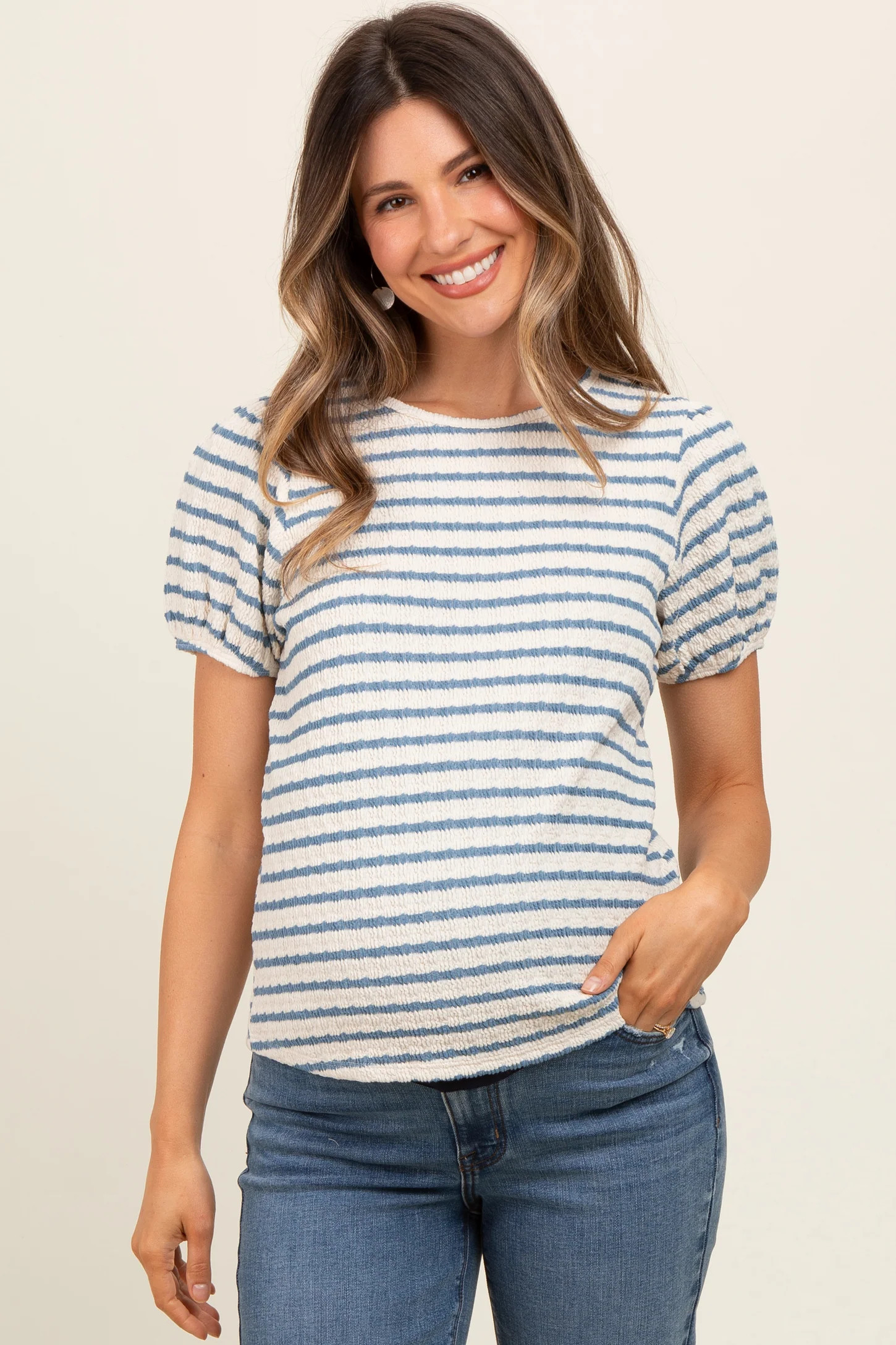 Light Blue Striped Textured Puff Sleeve Maternity Top | PinkBlush Maternity