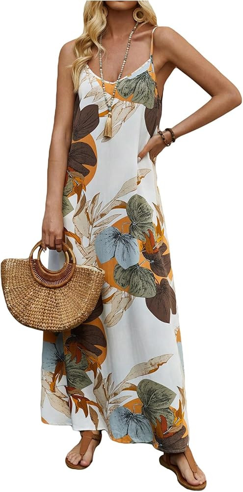 Floerns Women's Tropical Print Maxi Dress Spaghetti Strap Summer Beach Dress | Amazon (US)