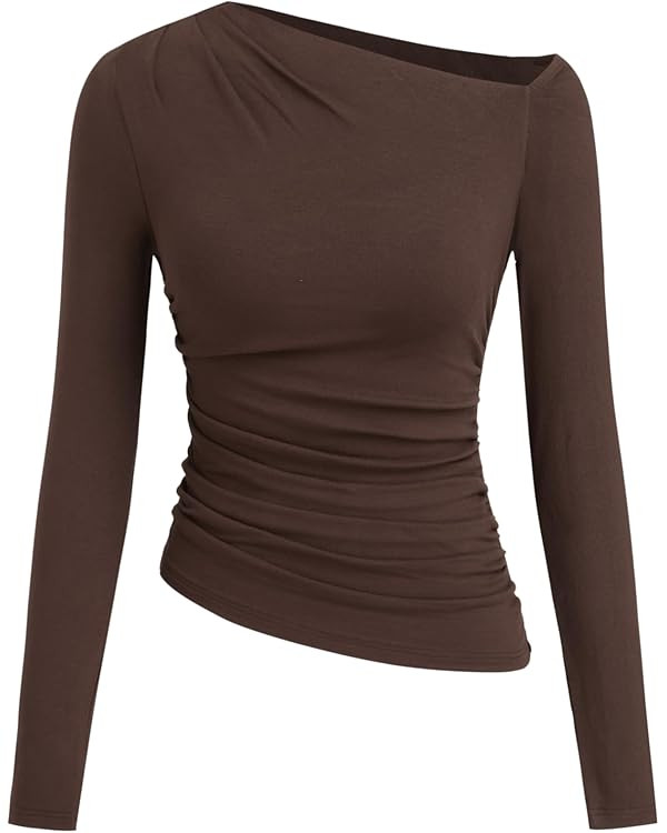 CIDER Off The Shoulder Tops for Women Long Sleeve Shirts Asymmetrical Neck Ruched Going Out Tops ... | Amazon (US)