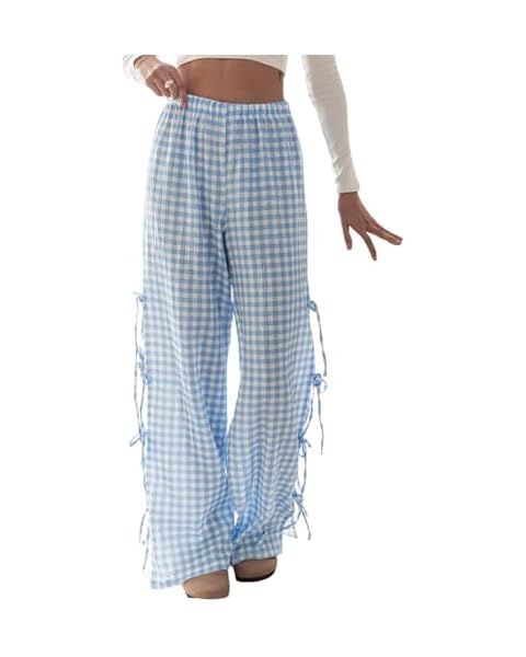 Women Gingham Pants Bow Tie Side Split Wide Leg Pants Y2k Plaid Lounge Trousers Summer Going Out ... | Amazon (US)