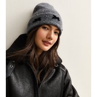 Grey Bow Appliqued Ribbed Knit Beanie Hat New Look | New Look (UK)