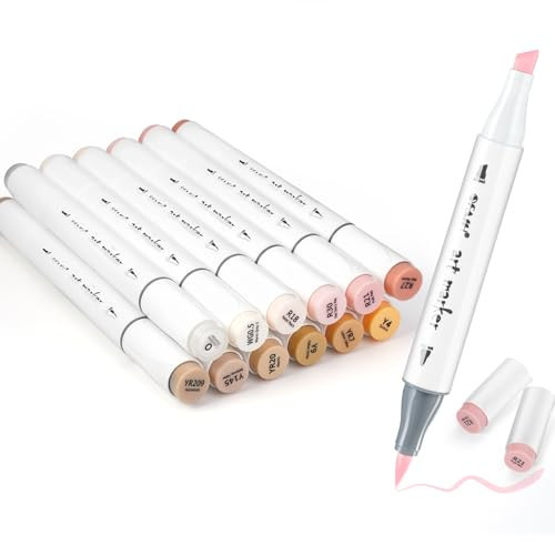 SFAIH Skin Tone Alcohol Markers Set - 12 Light Skin Colors Dual Tip Alcohol Based Markers Brush Tip and Chisel Tip, Art Drawing Permanent Markers for Adult Coloring Books W/1 Blender | Amazon (US)