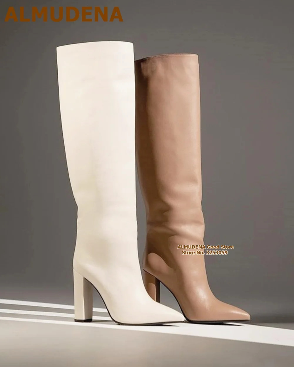 85.41US $ 22% OFF|Almudena Women Nude White Matte Leather Chunky Heel Boots Pointed Toe Knee High... | AliExpress (US)