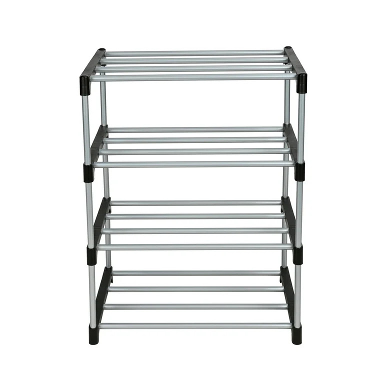 Mainstays 4 Tier Shoe Rack, Black and Silver, 8 Pairs of Shoes, Metal Tubes & Plastic Connectors | Walmart (US)