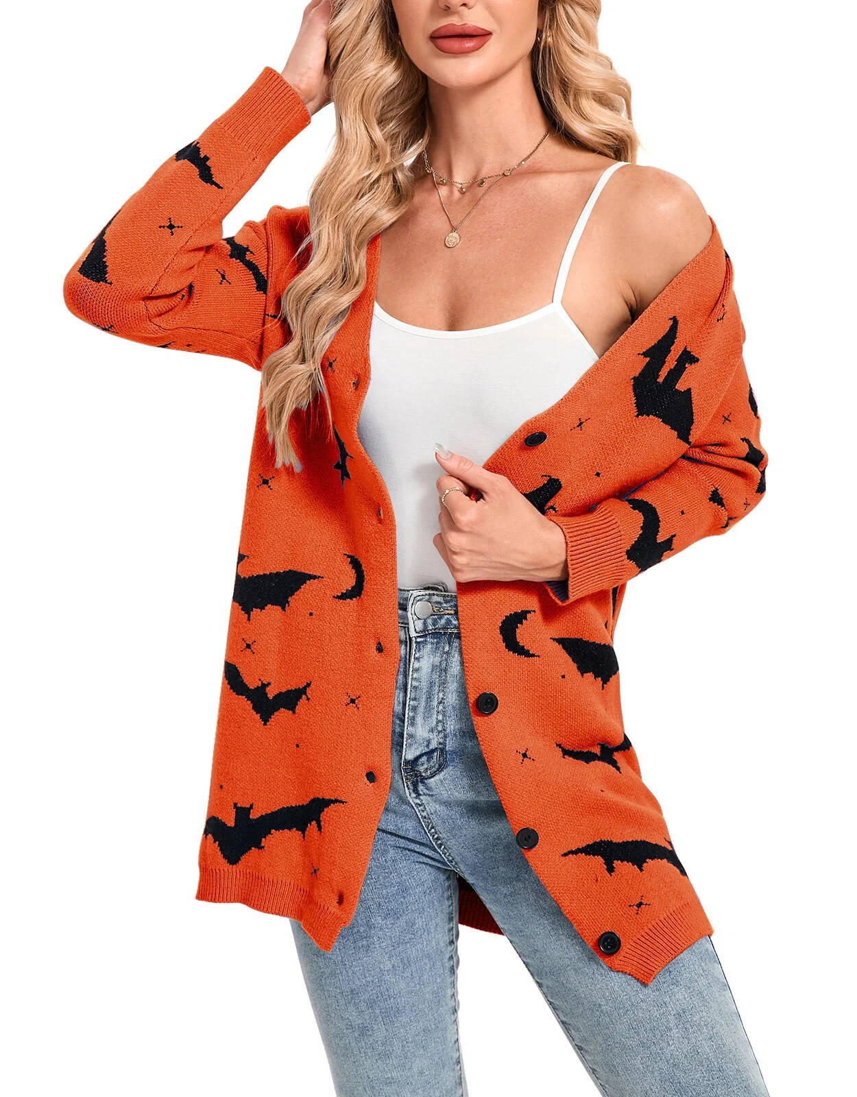 Halloween Sweaters for Women V Neck Open Front Button Down Cardigan Bat Printed Long Sleeve Mid L... | Walmart (US)