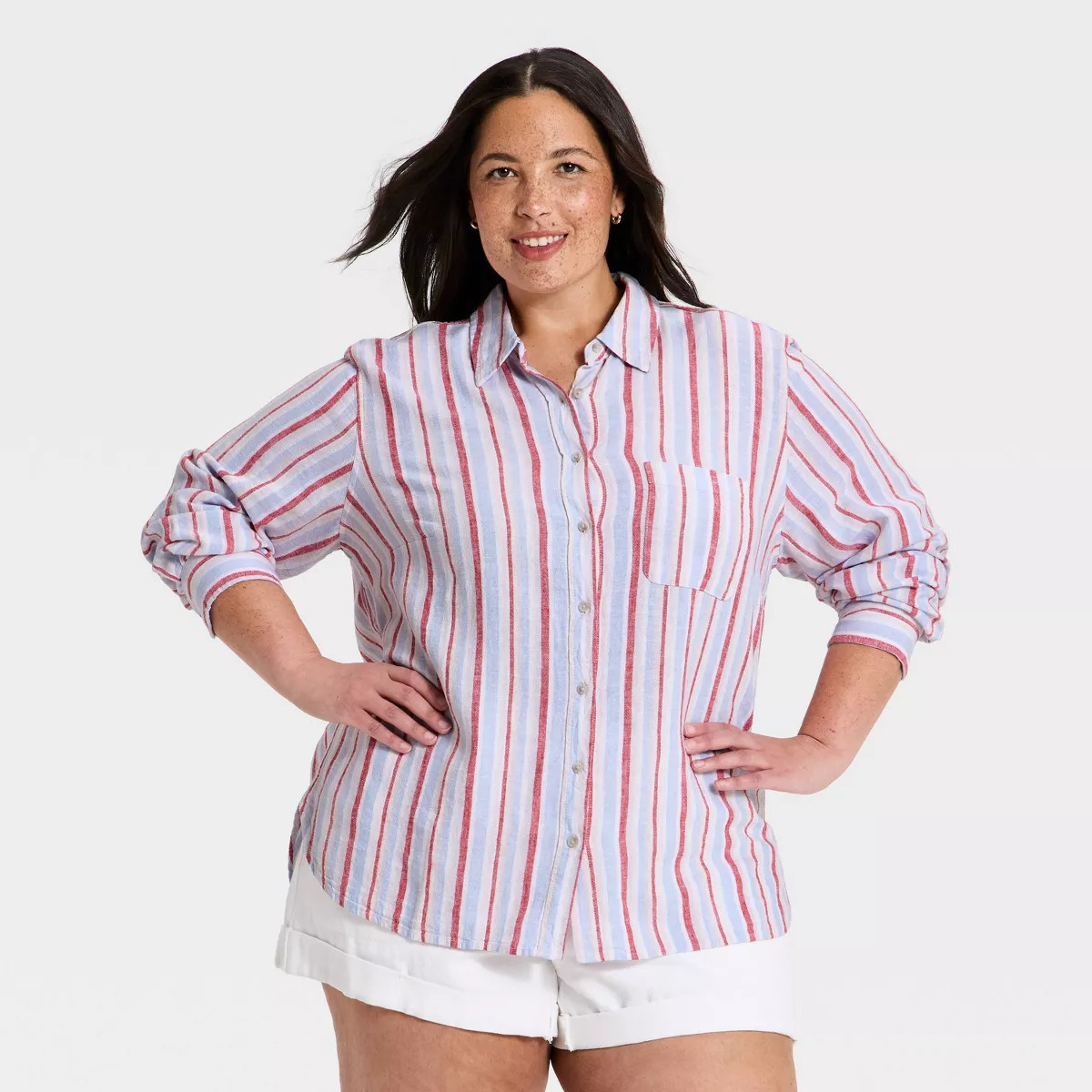 Women's Long Sleeve Linen Collared Button-Down Shirt - Universal Thread\u2122 Multicolor Striped ... | Target