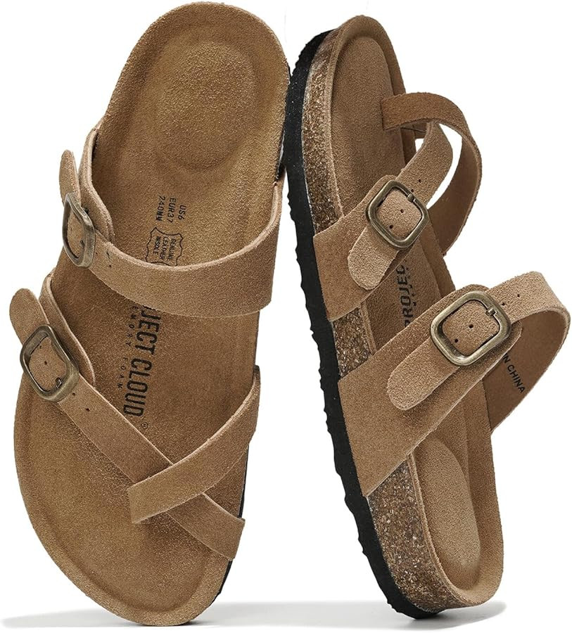 Project Cloud Genuine Leather Womens Sandals - Comfortable Cork Footbed Slides with Memory Foam B... | Amazon (US)