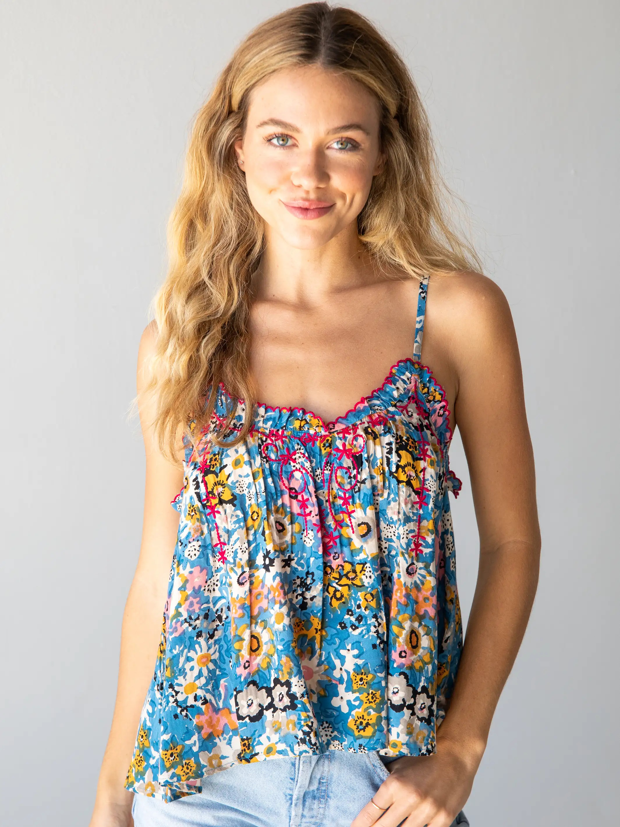 Harley Embroidered Top - Blue Tan Floral | Natural Life