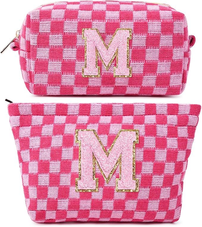 SOIDRAM 2PCS Initial Makeup Bag Personalized Cosmetic Bag Preppy Makeup Pouch Checkered Letter Pa... | Amazon (US)