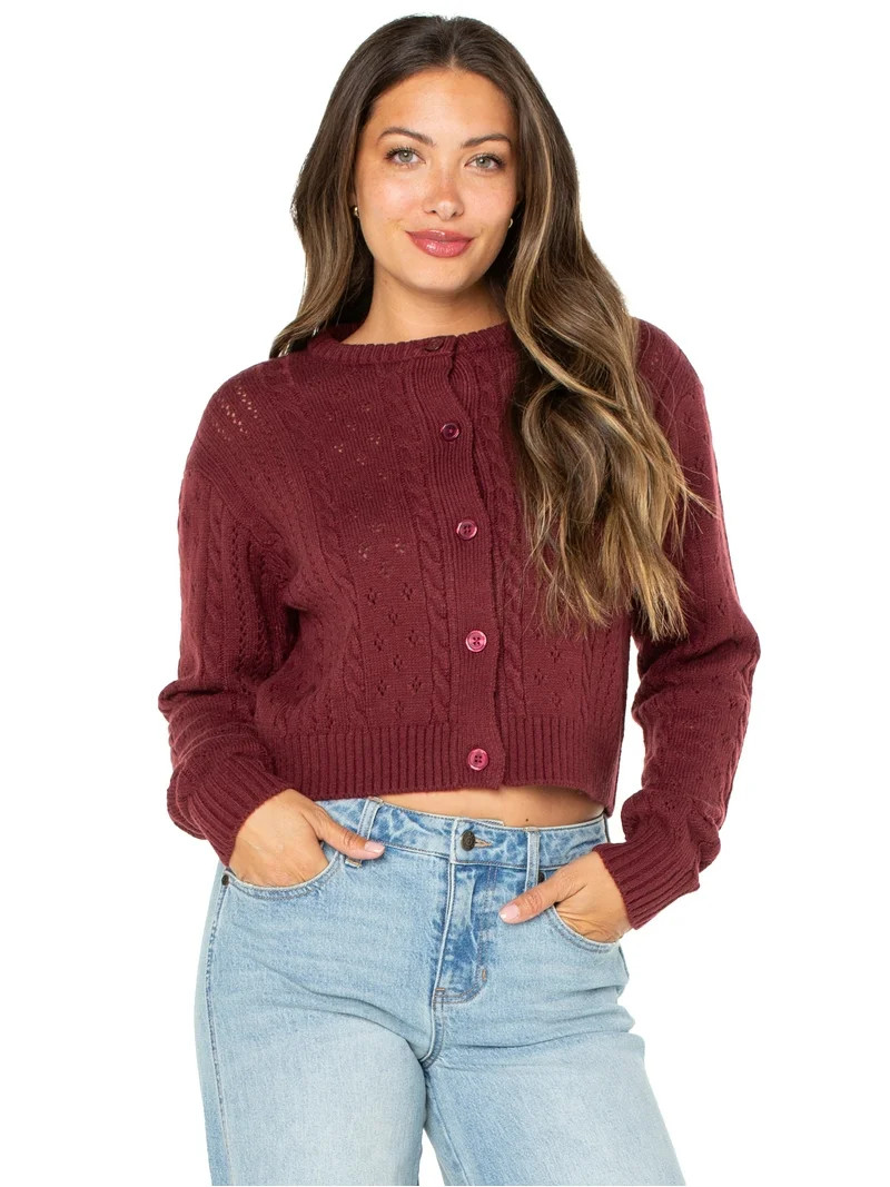 Celebrity Pink Women's Pointelle Crewneck Cardigan Sweater, Sizes XS-XXXL | Walmart (US)